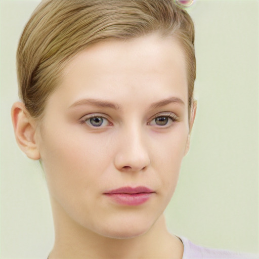 Neutral white young-adult female with short  brown hair and brown eyes