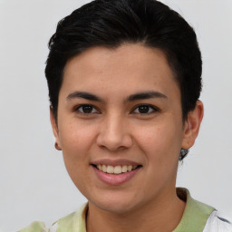 Joyful asian young-adult female with short  brown hair and brown eyes