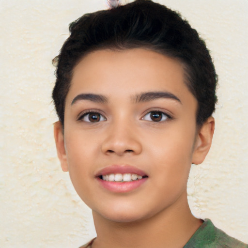 Joyful latino young-adult female with short  black hair and brown eyes