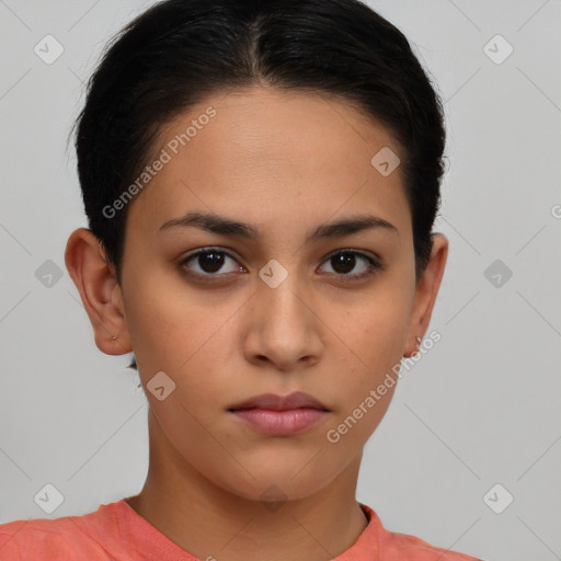 Neutral white young-adult female with short  brown hair and brown eyes