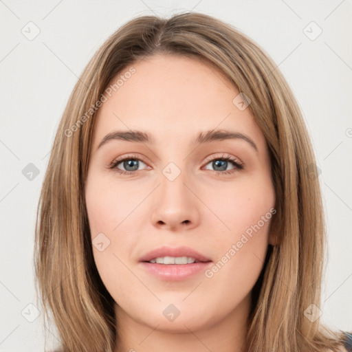 Neutral white young-adult female with long  brown hair and brown eyes