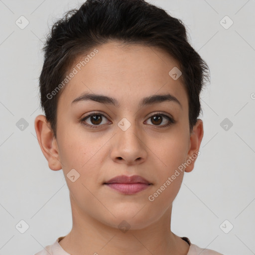 Neutral white young-adult female with short  brown hair and brown eyes