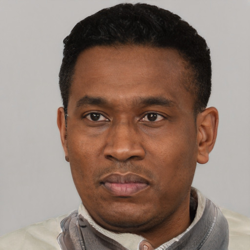 Neutral black young-adult male with short  black hair and brown eyes