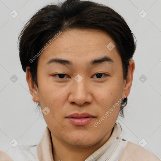 Joyful asian young-adult female with short  brown hair and brown eyes