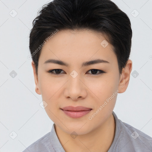 Joyful asian young-adult female with short  brown hair and brown eyes