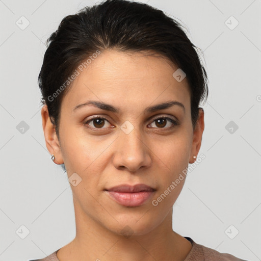 Joyful white young-adult female with short  brown hair and brown eyes