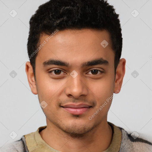 Joyful latino young-adult male with short  brown hair and brown eyes