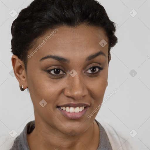 Joyful latino young-adult female with short  brown hair and brown eyes