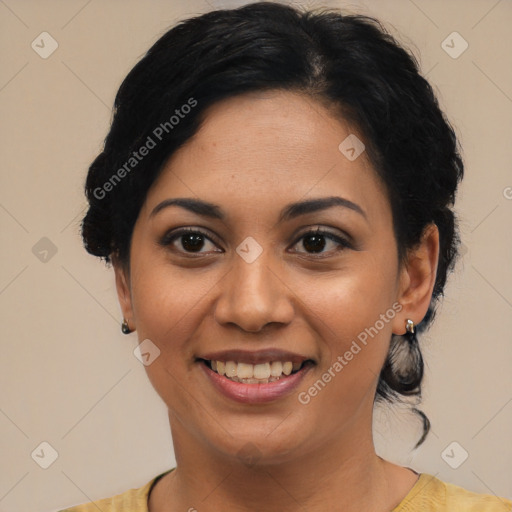 Joyful latino young-adult female with medium  black hair and brown eyes