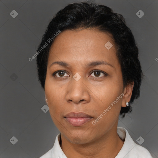 Neutral black adult female with short  brown hair and brown eyes