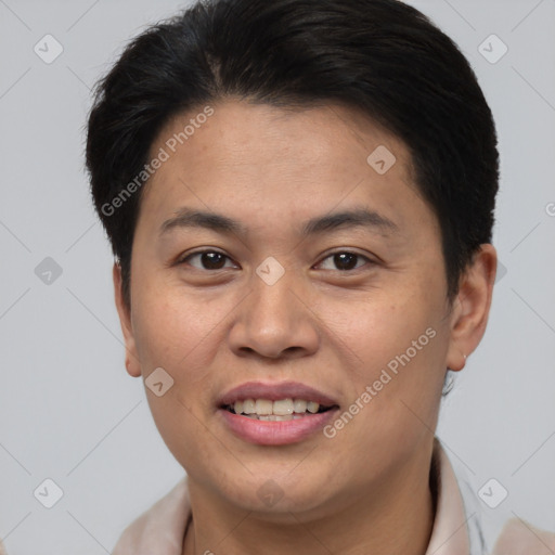 Joyful white young-adult female with short  brown hair and brown eyes