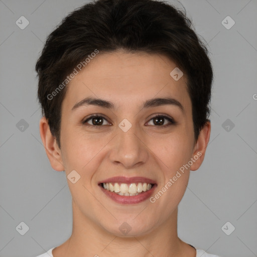 Joyful white young-adult female with short  brown hair and brown eyes