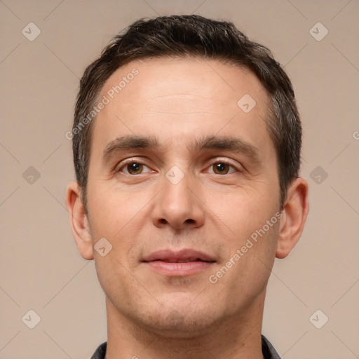 Joyful white young-adult male with short  brown hair and brown eyes