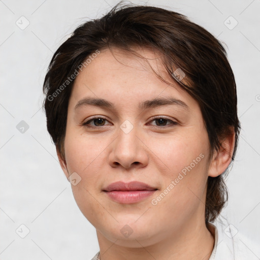 Joyful white young-adult female with medium  brown hair and brown eyes