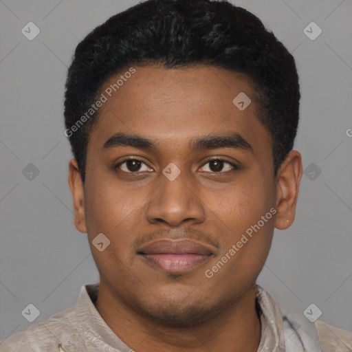 Joyful black young-adult male with short  black hair and brown eyes