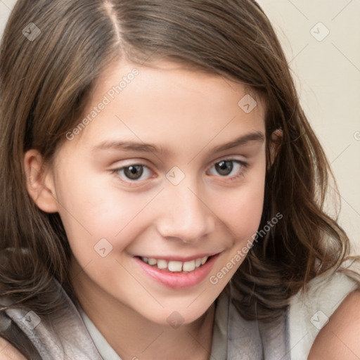 Joyful white child female with long  brown hair and brown eyes