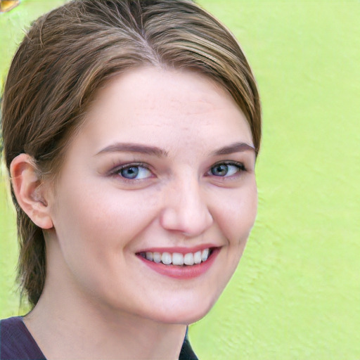 Joyful white young-adult female with medium  brown hair and blue eyes