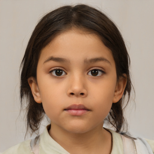 Neutral latino child female with medium  brown hair and brown eyes