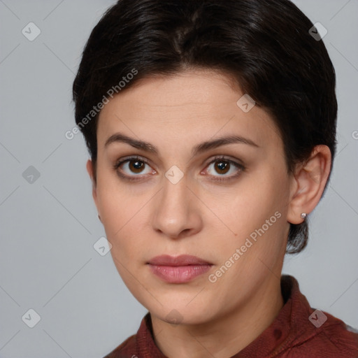 Neutral white young-adult female with short  brown hair and brown eyes