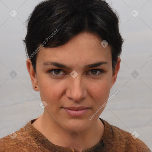 Joyful white young-adult female with short  brown hair and brown eyes