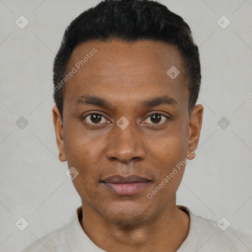 Neutral black young-adult male with short  black hair and brown eyes