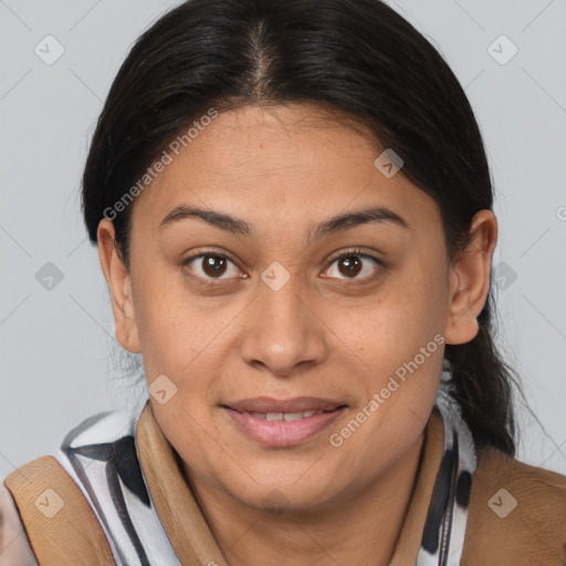 Joyful white young-adult female with medium  brown hair and brown eyes