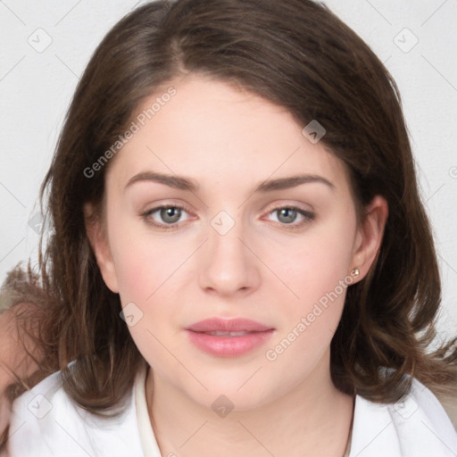 Neutral white young-adult female with medium  brown hair and brown eyes