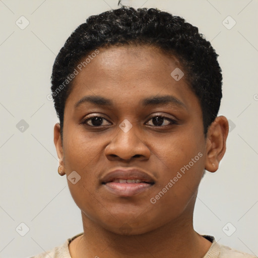 Joyful black young-adult female with short  black hair and brown eyes