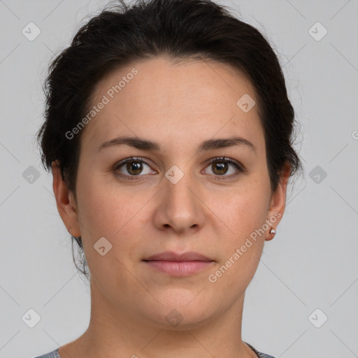 Neutral white young-adult female with short  brown hair and brown eyes