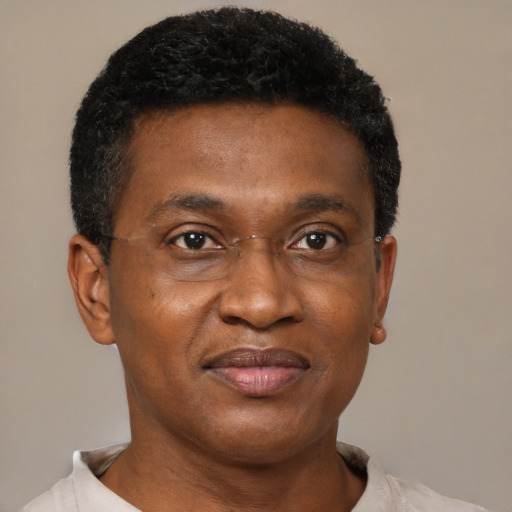 Joyful black adult male with short  black hair and brown eyes