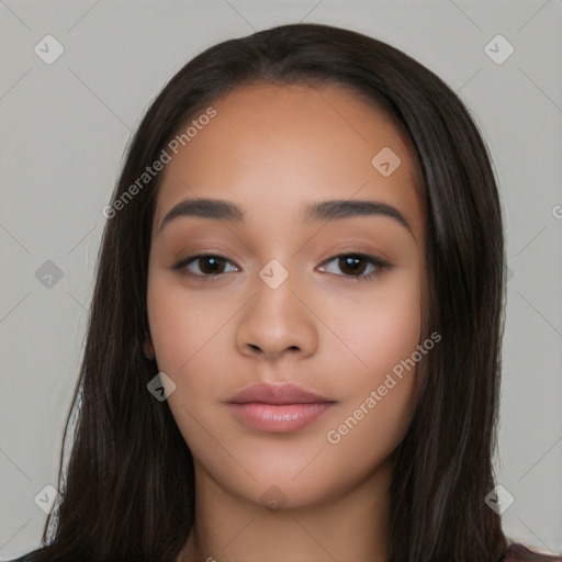 Neutral latino young-adult female with long  black hair and brown eyes