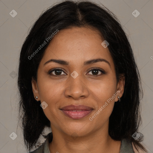 Joyful black young-adult female with medium  black hair and brown eyes