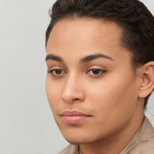 Neutral white young-adult female with short  brown hair and brown eyes