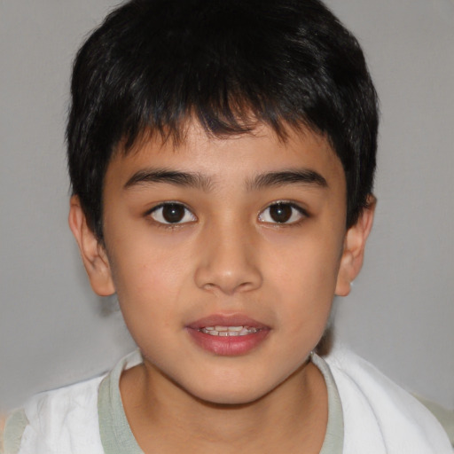 Joyful asian child male with short  brown hair and brown eyes