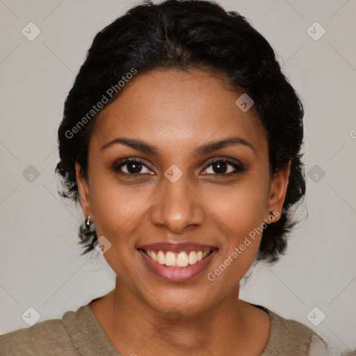 Joyful latino young-adult female with short  brown hair and brown eyes