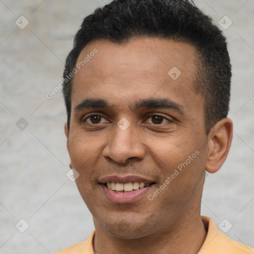 Joyful latino young-adult male with short  black hair and brown eyes