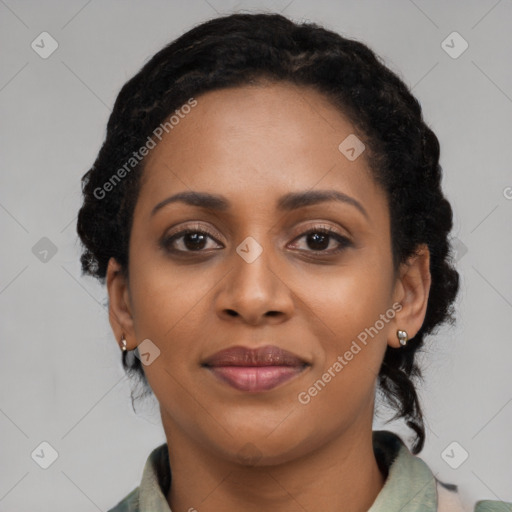 Joyful black young-adult female with medium  black hair and brown eyes