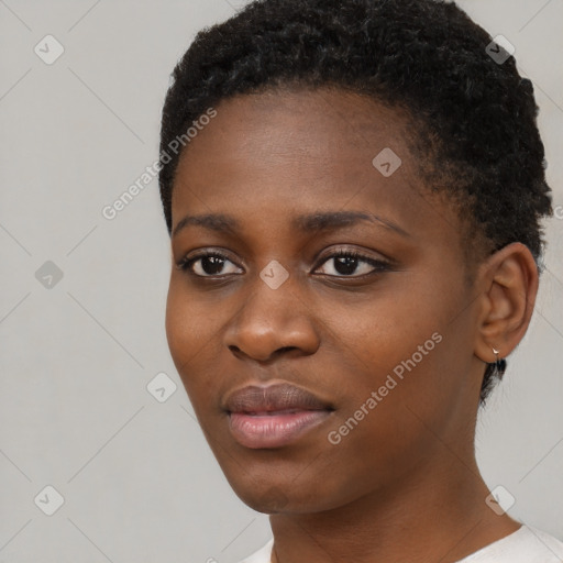 Neutral black young-adult female with short  black hair and brown eyes