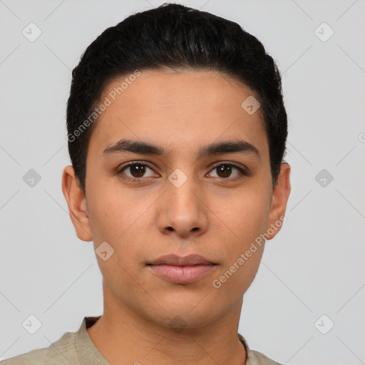 Neutral latino young-adult male with short  black hair and brown eyes