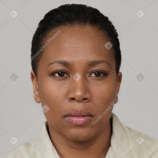 Neutral black young-adult female with short  black hair and brown eyes