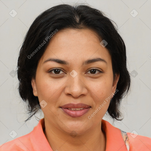 Joyful latino young-adult female with medium  brown hair and brown eyes