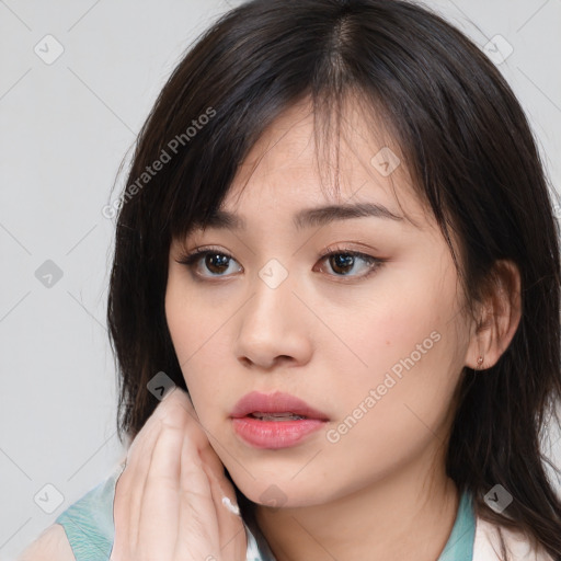 Neutral white young-adult female with medium  brown hair and brown eyes