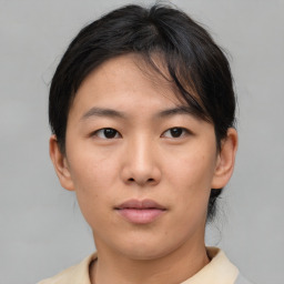 Neutral asian young-adult female with short  brown hair and brown eyes