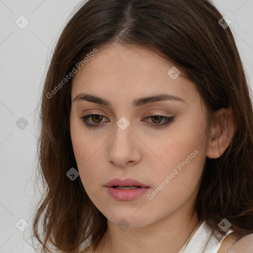 Neutral white young-adult female with long  brown hair and brown eyes