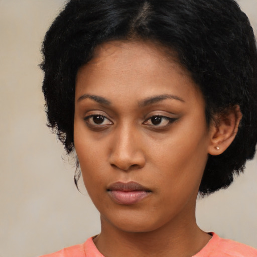 Neutral asian young-adult female with short  black hair and brown eyes