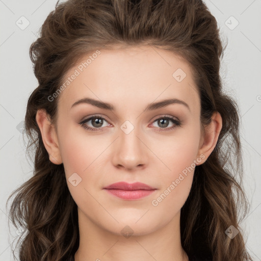 Neutral white young-adult female with long  brown hair and brown eyes