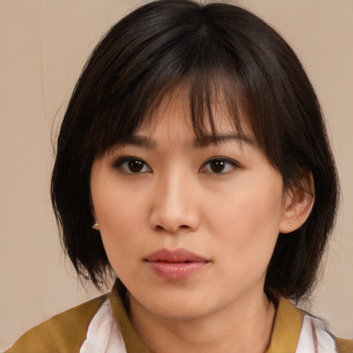 Neutral asian young-adult female with medium  brown hair and brown eyes