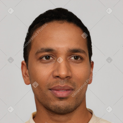 Neutral latino young-adult male with short  brown hair and brown eyes