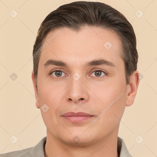 Neutral white young-adult male with short  brown hair and brown eyes