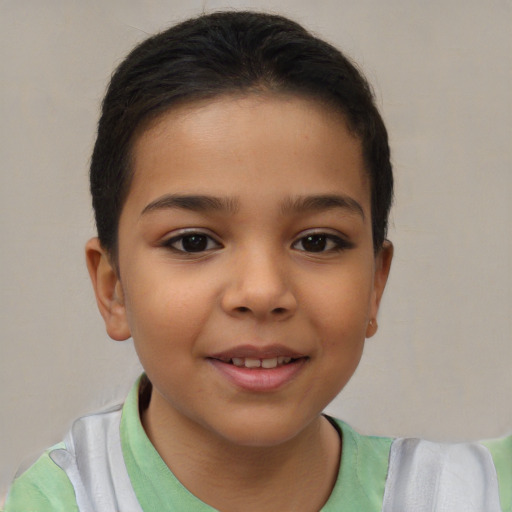 Joyful latino child female with short  brown hair and brown eyes